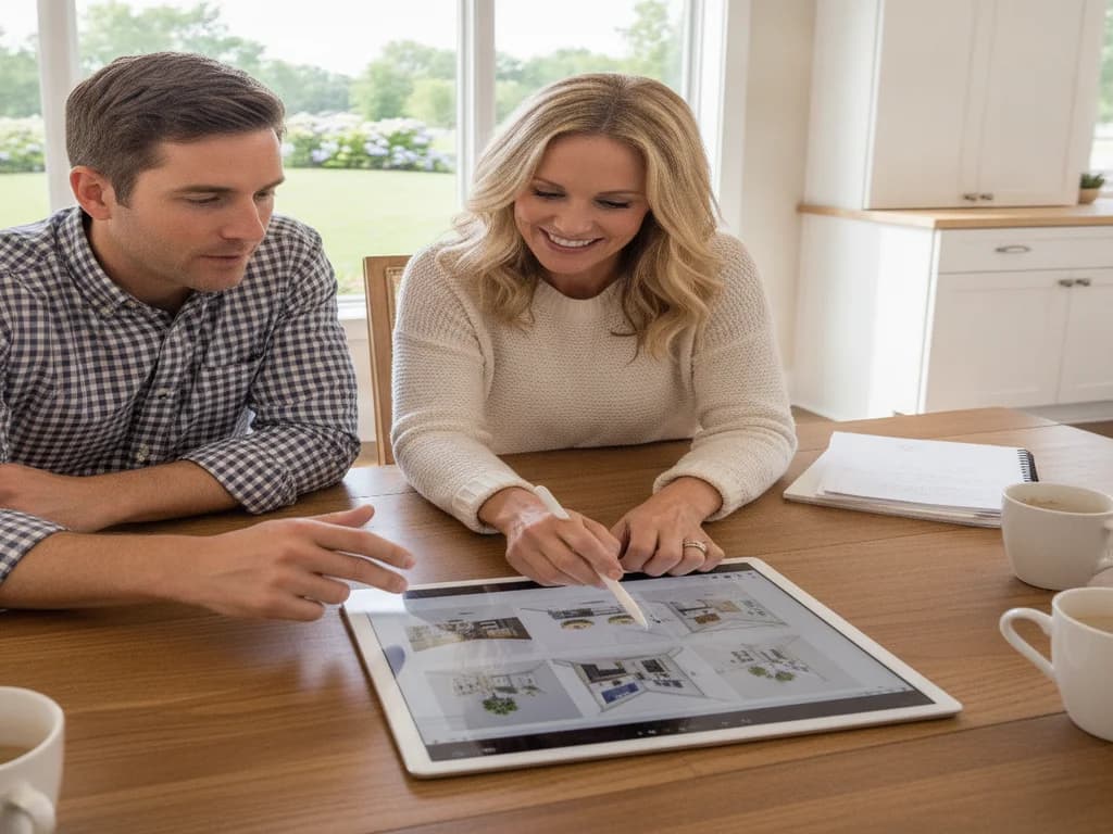 Homeowner reviewing remodel plans with a Kansas City contractor in her kitchen