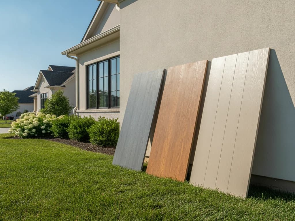 Three siding materials — fiber cement, engineered wood, and vinyl — shown side by side on a Kansas City home