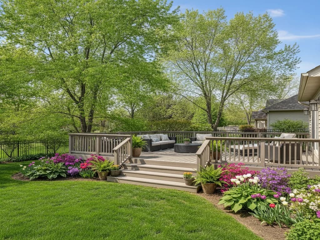 Newly built composite deck on a Kansas City home surrounded by early spring landscaping