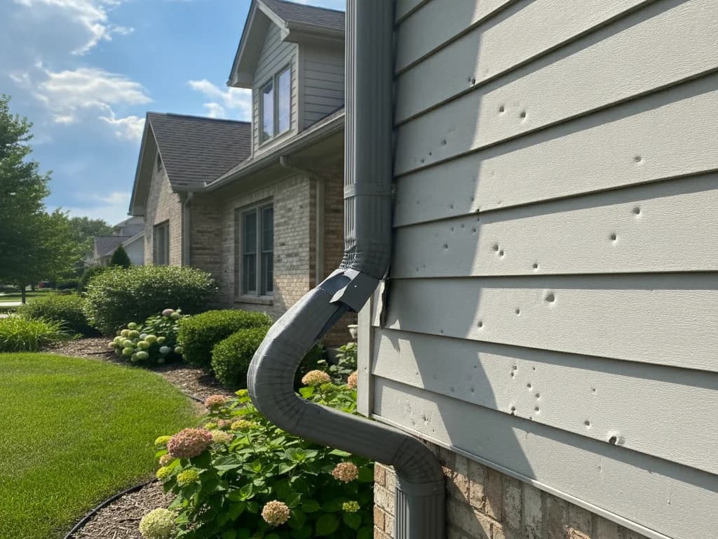 Close-up of hail-dented vinyl siding on a Kansas City home after a spring storm