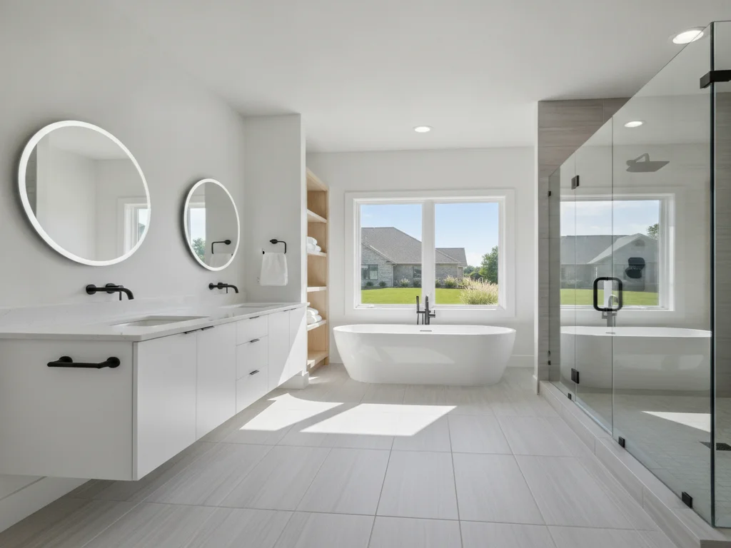 Curbless walk-in shower with a linear drain in a remodeled Kansas City bathroom